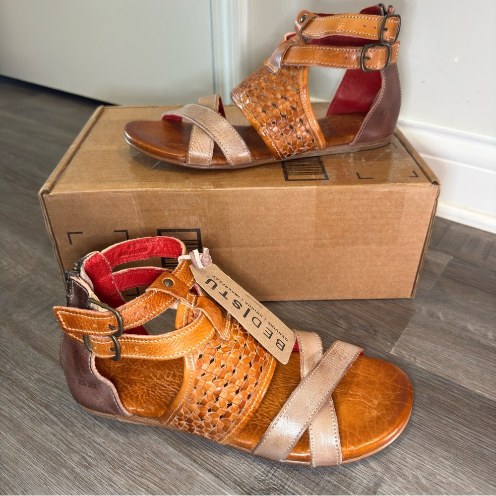 Bed Stu Multicolor Woven Leather Gladiator Sandals — Tan, Brown & Metallic